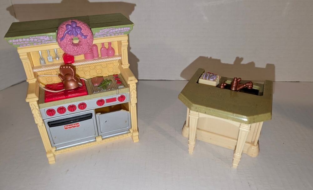 Vintage Fisher Price Loving Family Dollhouse Kitchen Stove Oven Island Sink READ